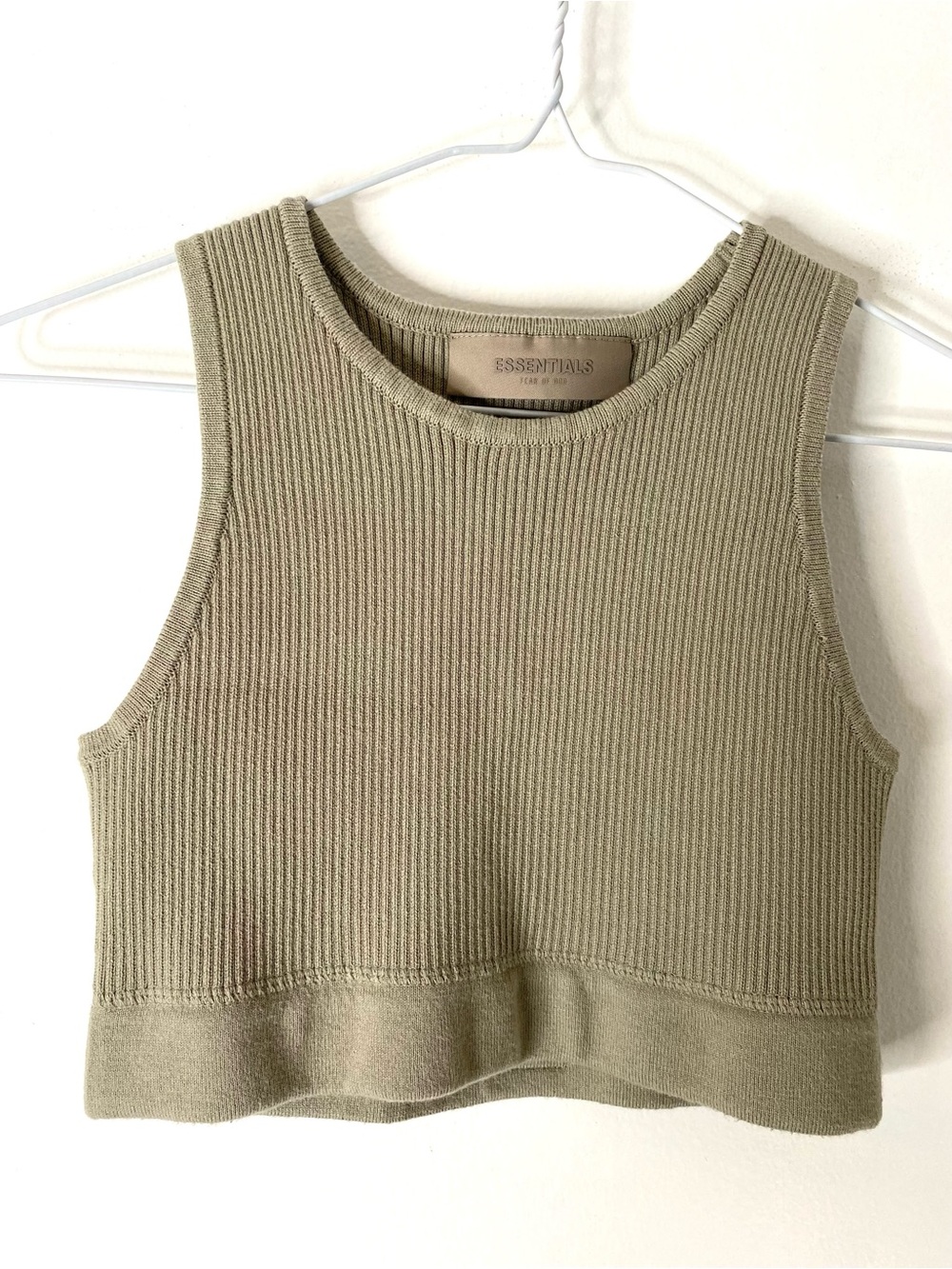 Fear of God Essentials Sage Green Rib Crop Tank Crew Neck Logo Patch Stretch Top